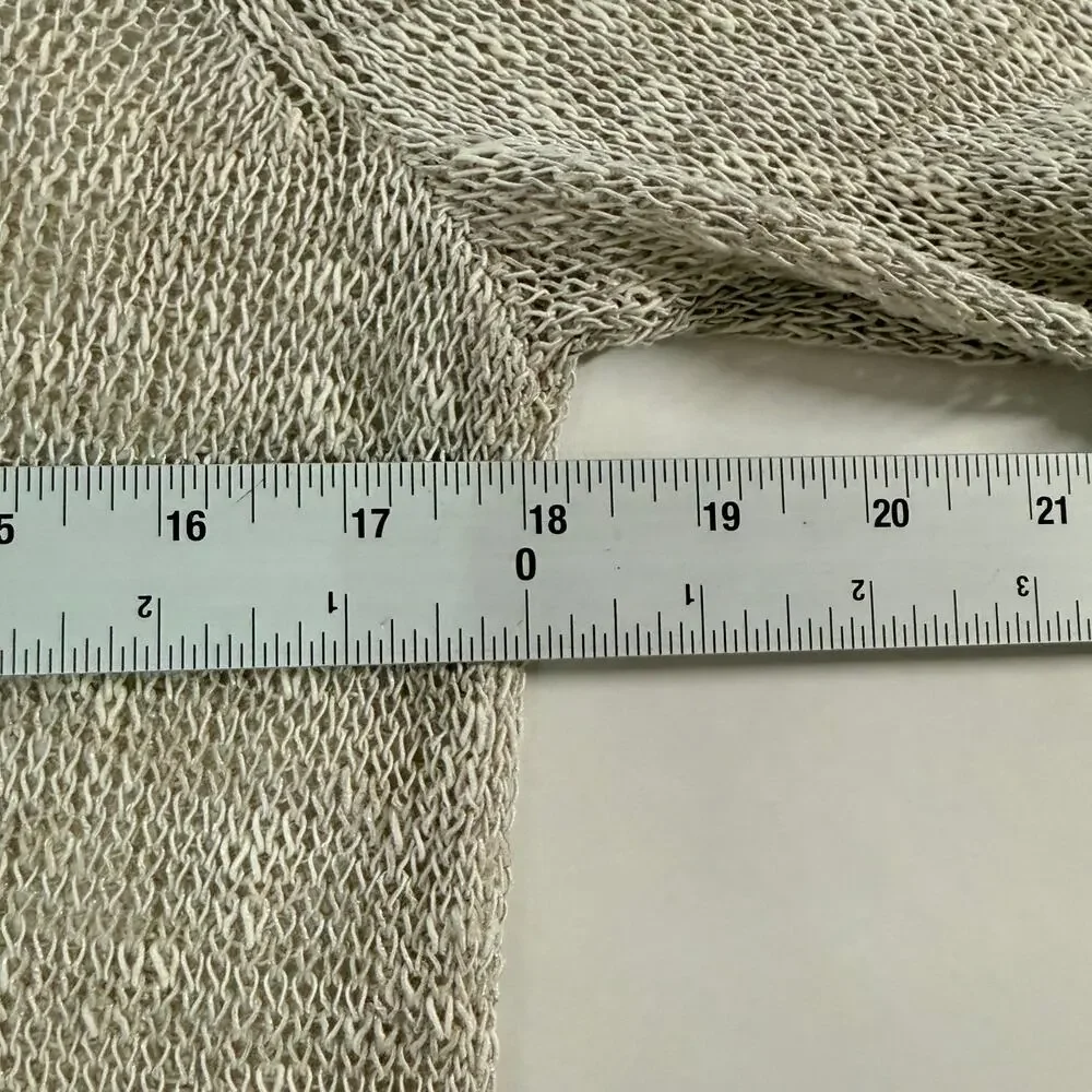 Eileen Fisher L Womens V Neck Open Knit Sweater Natural Tan Linen Blend